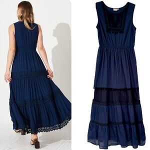Elegant Maxi Dress Sleeveless Navy Blue Black Pom Lace Embroidered Size Large